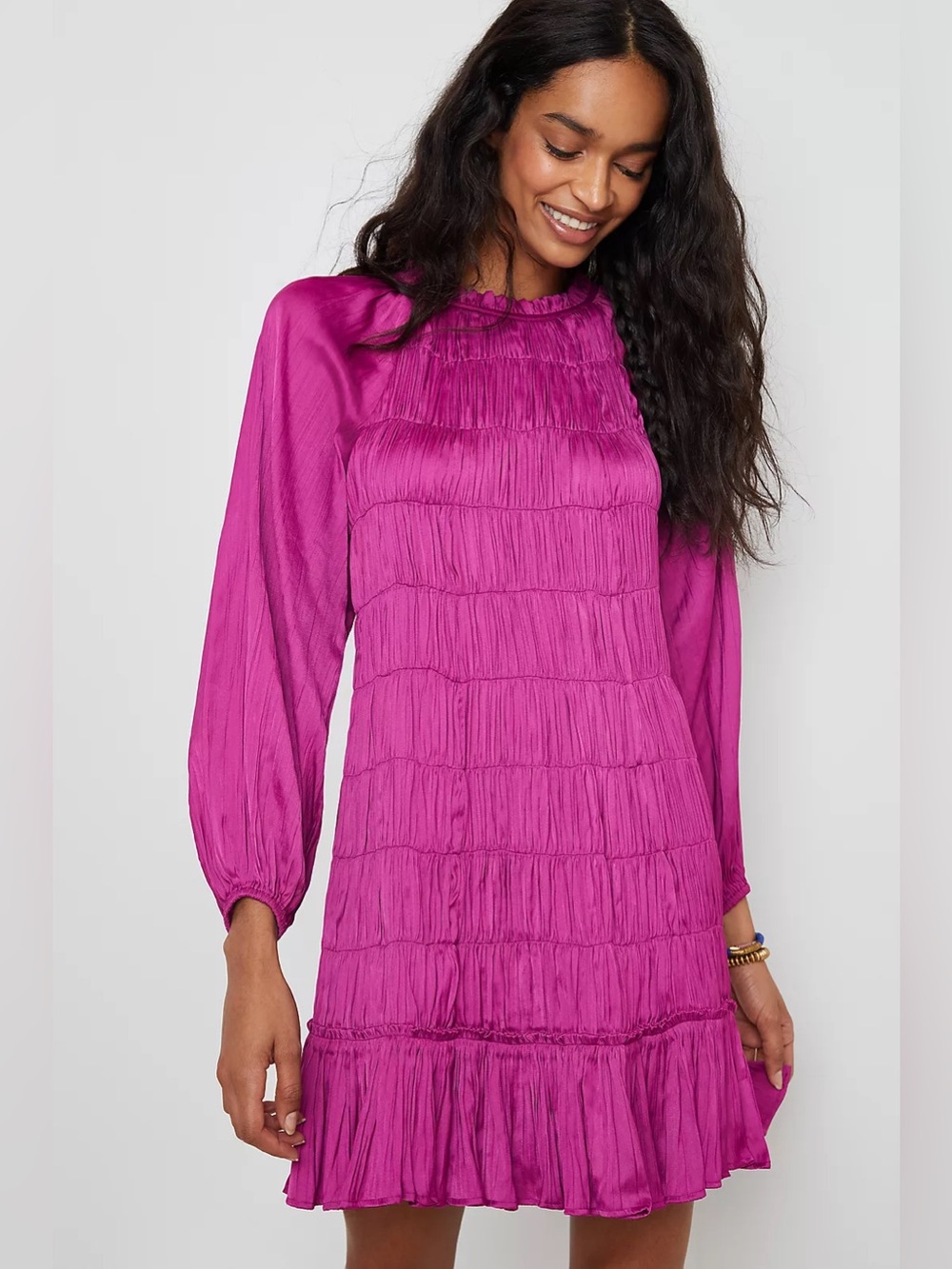 Anthropologie || Maeve Tasha Smocked Mini Dress Satin Pink Fuchsia XS